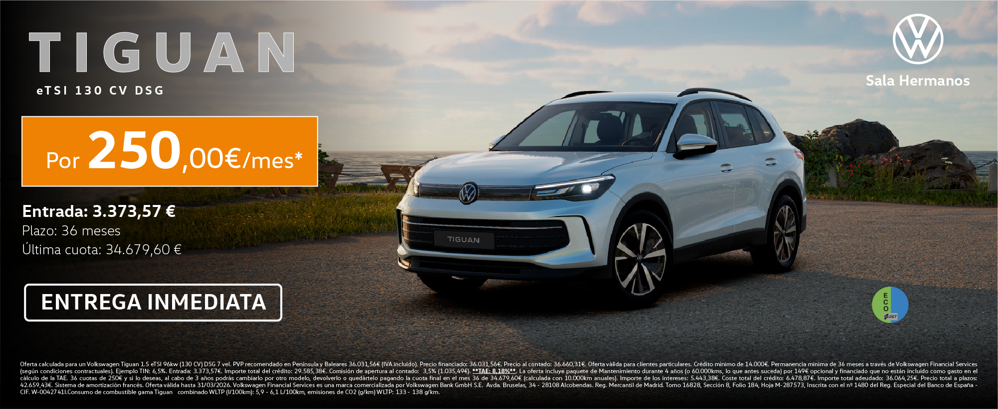 Tiguan eTSI DSG por 250€/mes* ¡Entrega inmediata!